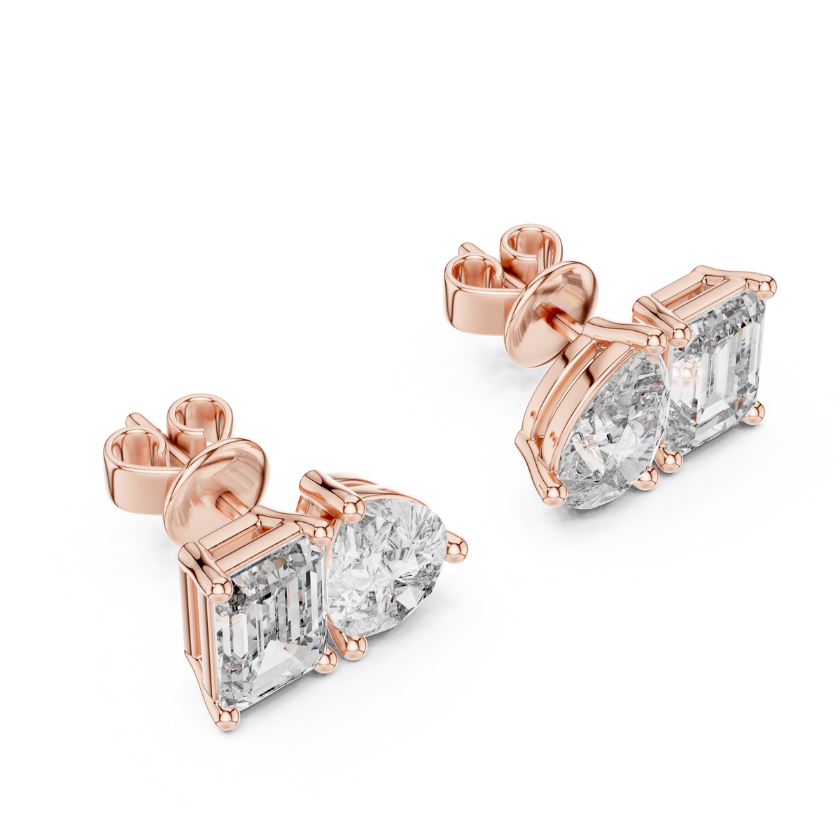3.60 CT Emerald & Pear Lab Grown Diamond Toi et Moi Stud Earrings, Rose Gold