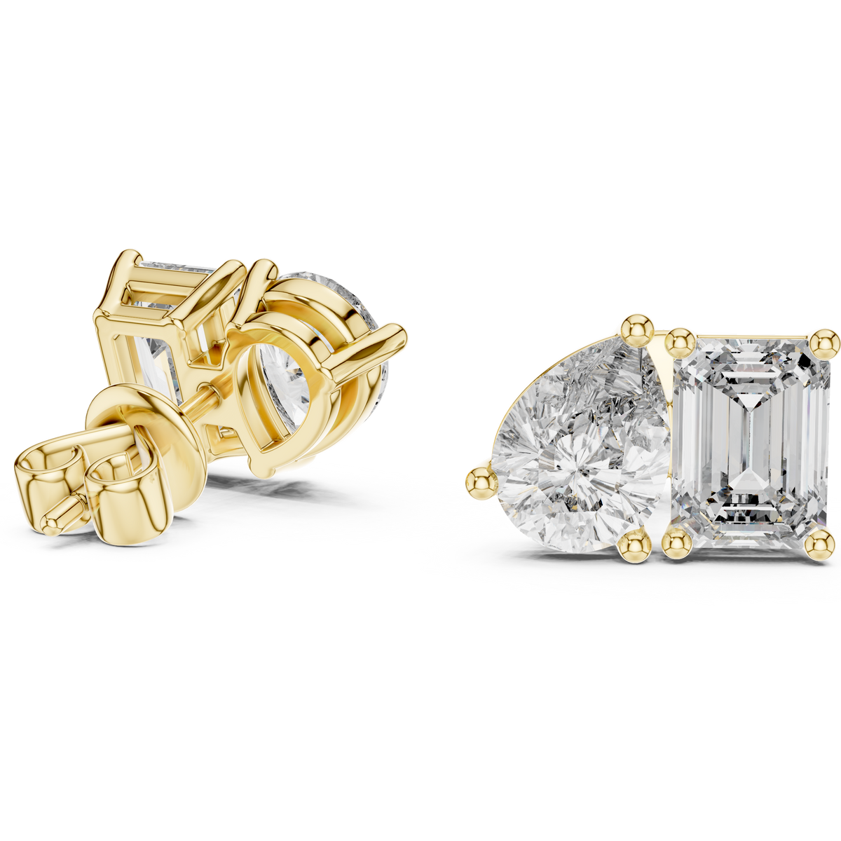 3.60 CT Emerald & Pear Lab Grown Diamond Toi et Moi Stud Earrings, Yellow Gold