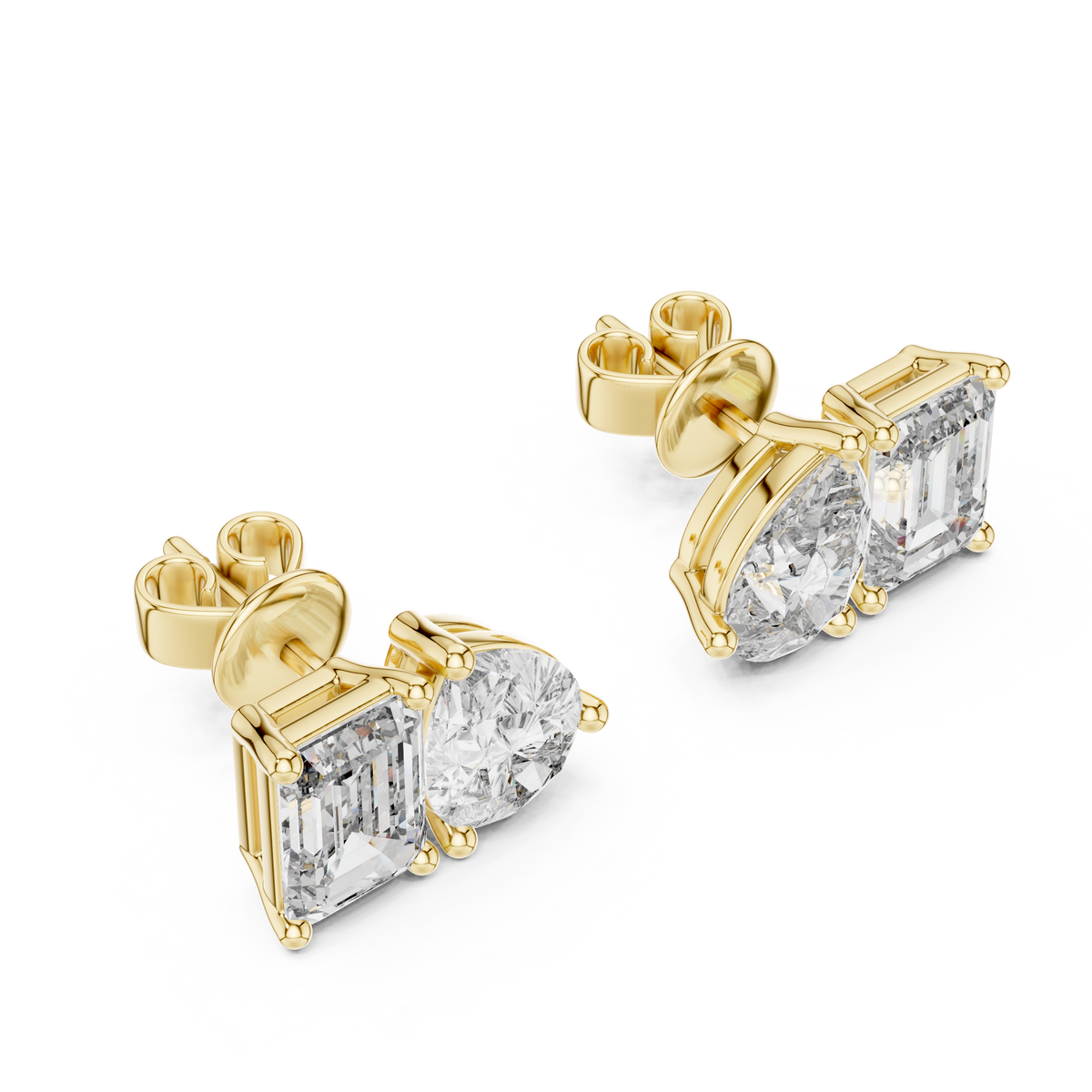 3.60 CT Emerald & Pear Lab Grown Diamond Toi et Moi Stud Earrings, Yellow Gold