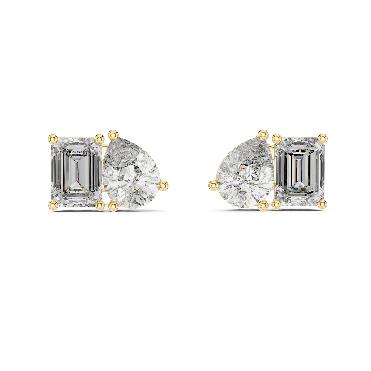 3.60 CT Emerald & Pear Lab Grown Diamond Toi et Moi Stud Earrings, Yellow Gold