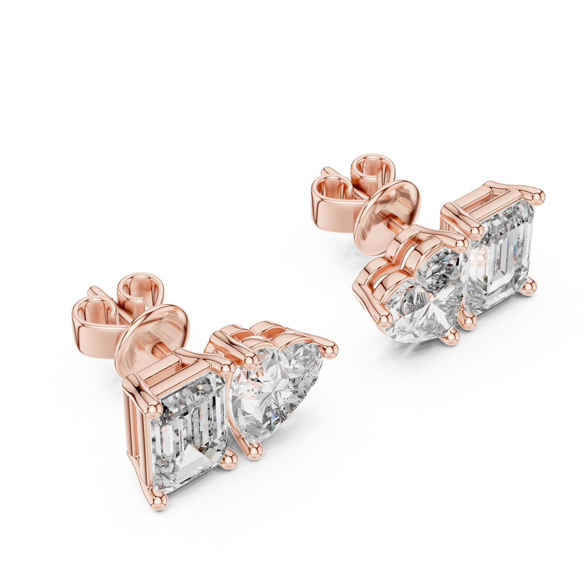 Emerald & Heart Lab Grown Diamond Toi et Moi Stud Earrings, Rose Gold