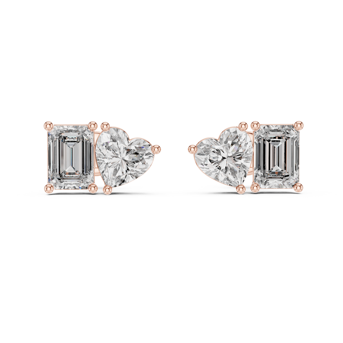 Emerald & Heart Lab Grown Diamond Toi et Moi Stud Earrings, Rose Gold