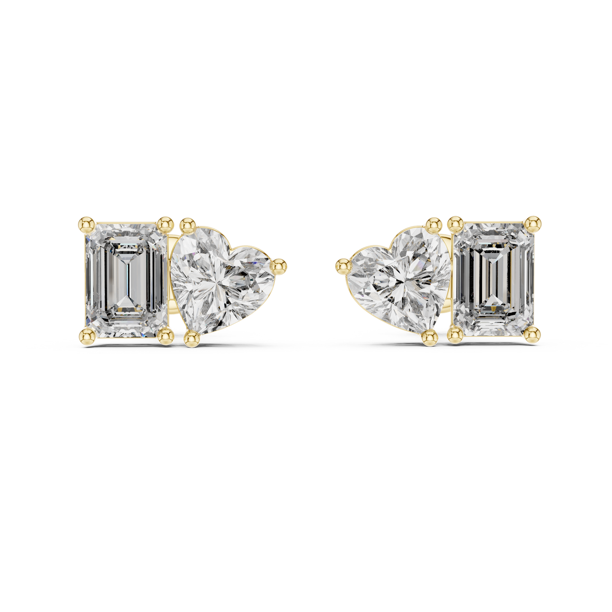 Emerald & Heart Lab Grown Diamond Toi et Moi Stud Earrings, Yellow Gold