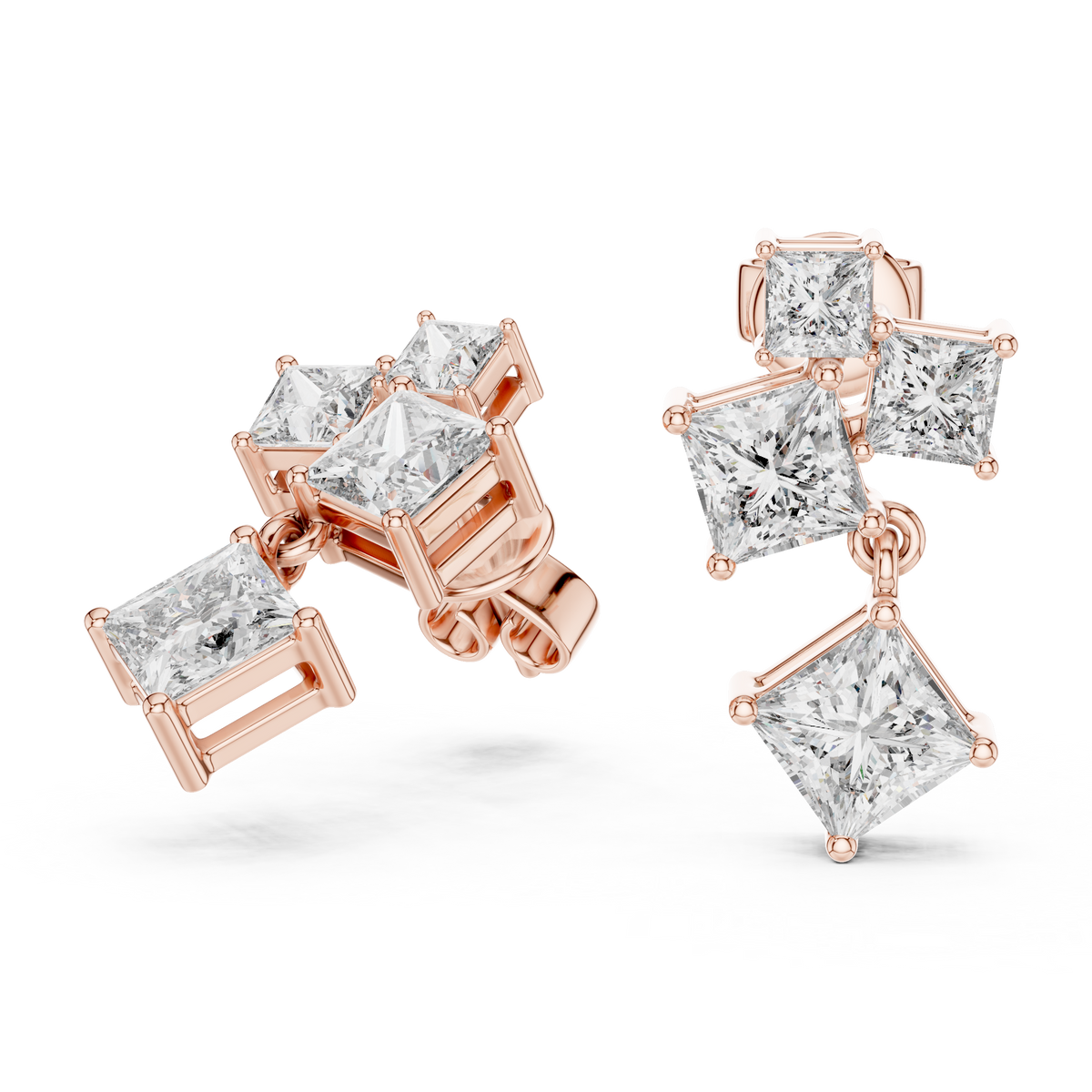 Princess Cut Lab Grown Diamond Drop Earrings, Rose Gold