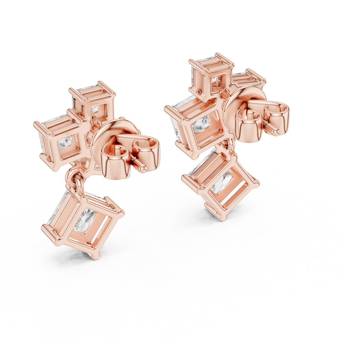 Princess Cut Lab Grown Diamond Drop Earrings, Rose Gold