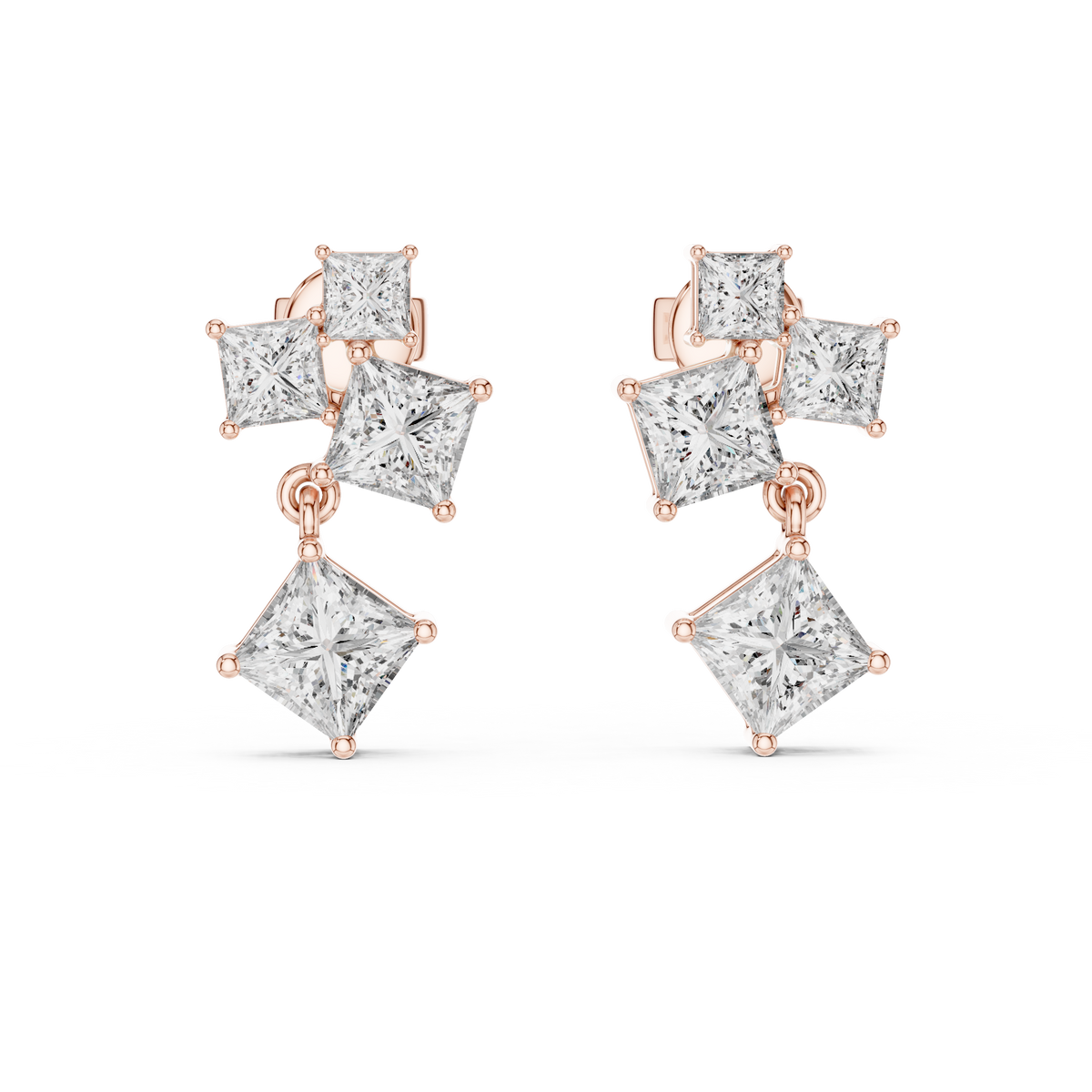 Princess Cut Lab Grown Diamond Drop Earrings, Rose Gold