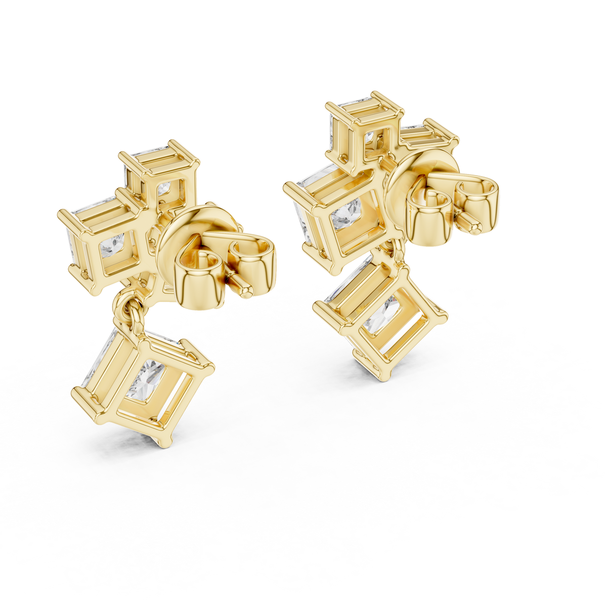 Princess Cut Lab Grown Diamond Drop Earrings, Yellow Gold