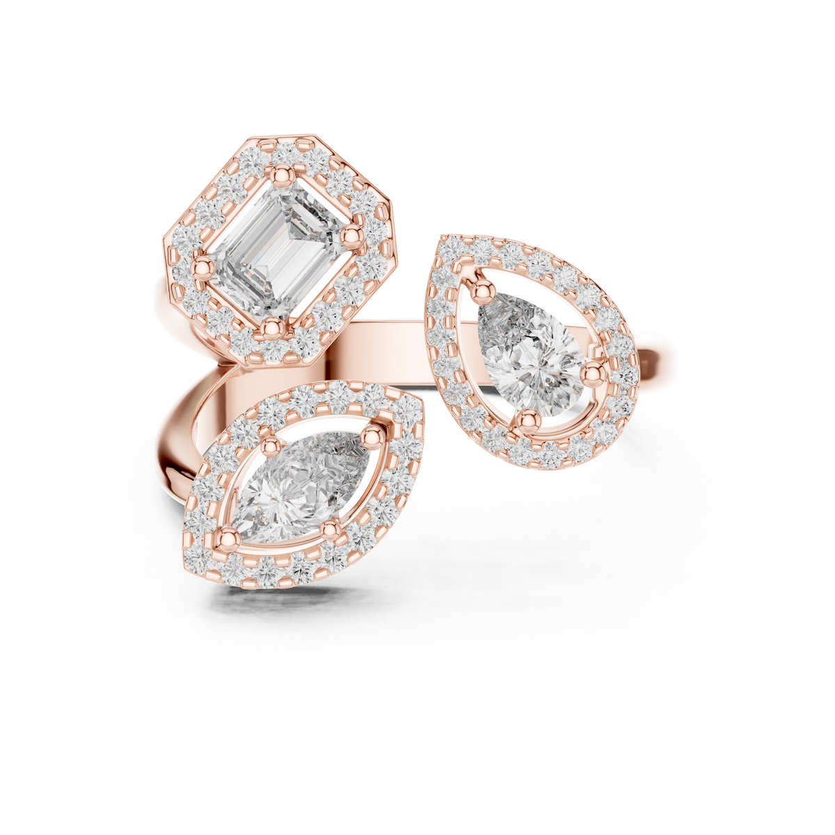 3 Stone Halo Lab Grown Diamond Open Ring, Rose Gold
