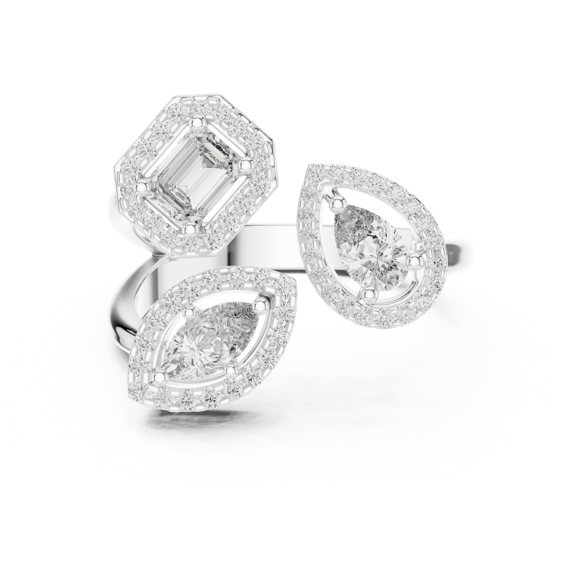 3 Stone Halo Lab Grown Diamond Open Ring, White Gold