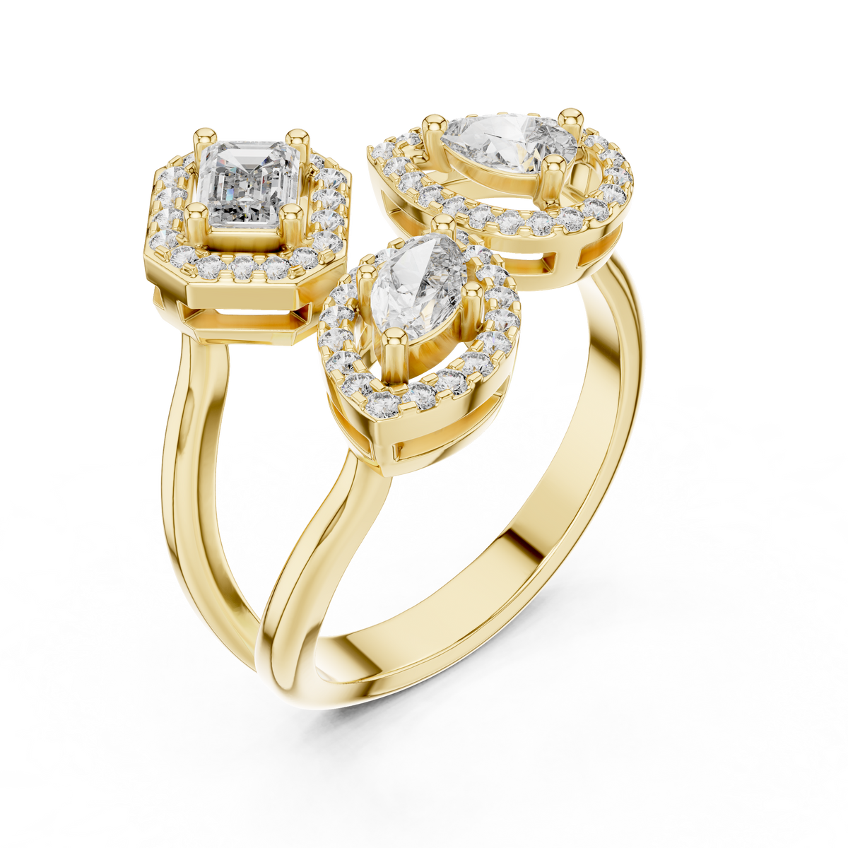 3 Stone Halo Lab Grown Diamond Open Ring, Yellow Gold