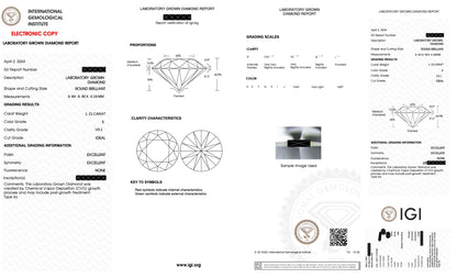 IGI Certified Lab Grown Diamond 1.21 ct Round  - VS1 Clarity, E Color