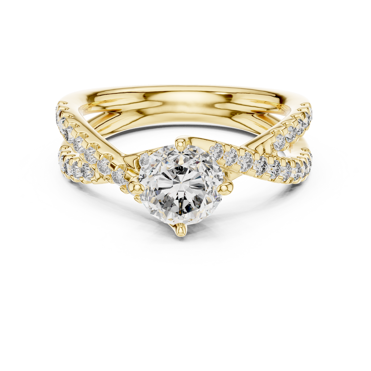 Round Lab Grown Diamond Split Shank Engagement Ring, Yellow Gold