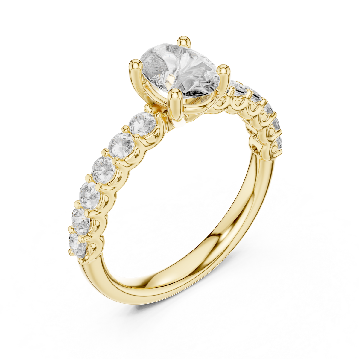 Oval Lab Grown Diamond Pavé Solitaire Engagement Ring, Yellow Gold