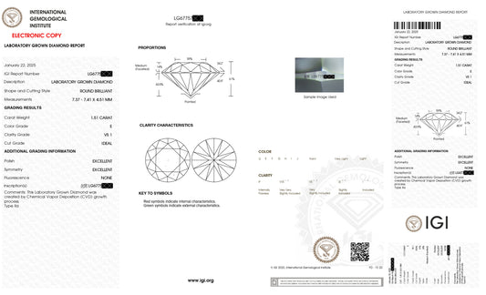 IGI Certified Lab Grown Diamond 1.51 ct Round  - VS1 Clarity, E Color
