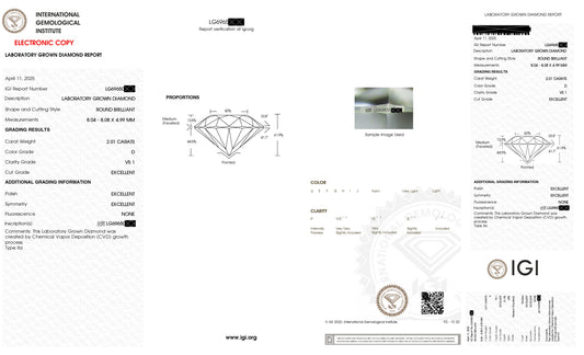 IGI Certified Lab Grown Diamond 2.01 CT Round  - VS 1 Clarity, D Color