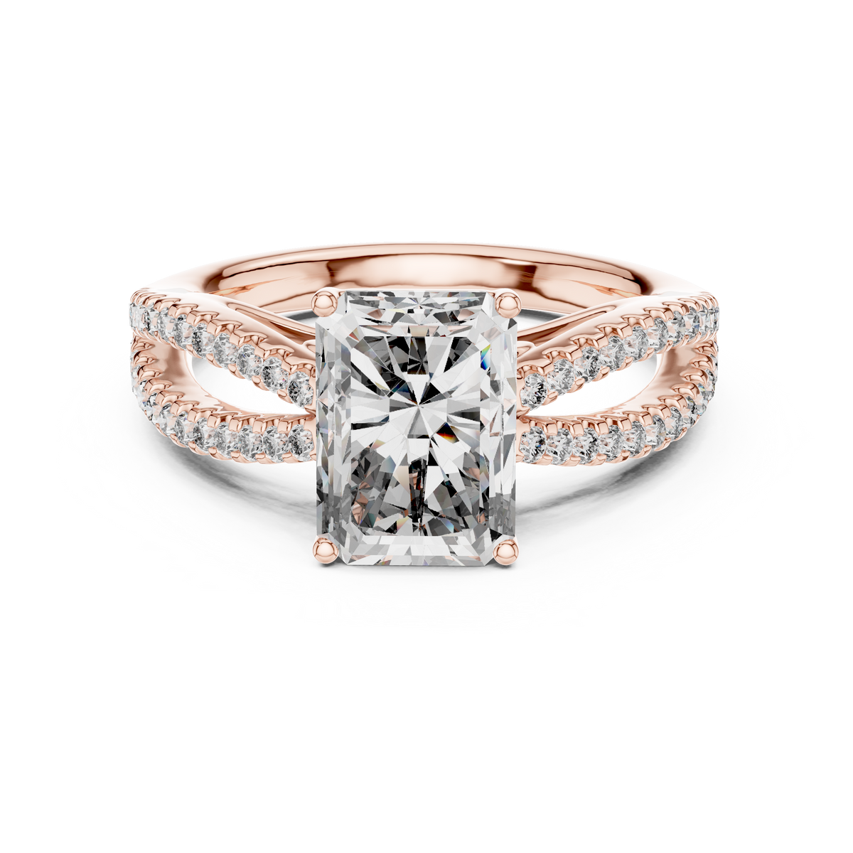 Radiant Cut Lab Grown Diamond Double Pavé Split Shank Engagement Ring, Rose Gold