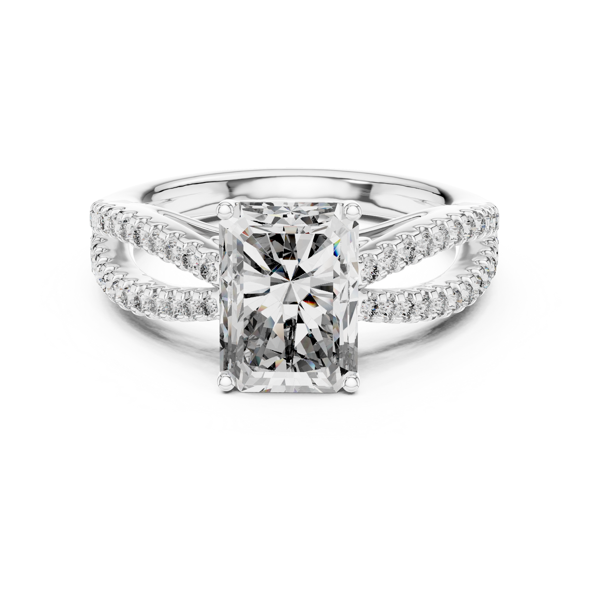 Radiant Cut Lab Grown Diamond Double Pavé Split Shank Engagement Ring, White Gold