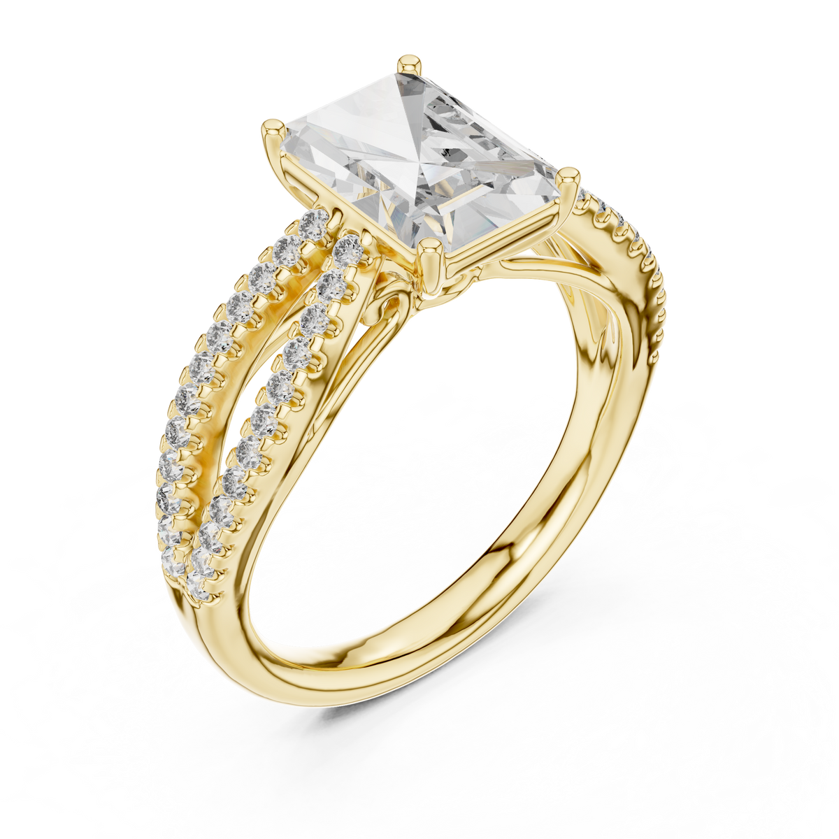 Radiant Cut Lab Grown Diamond Double Pavé Split Shank Engagement Ring, Yellow Gold