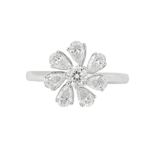 Lab Grown Round & Pear Diamond Flower Ring In 14k Gold