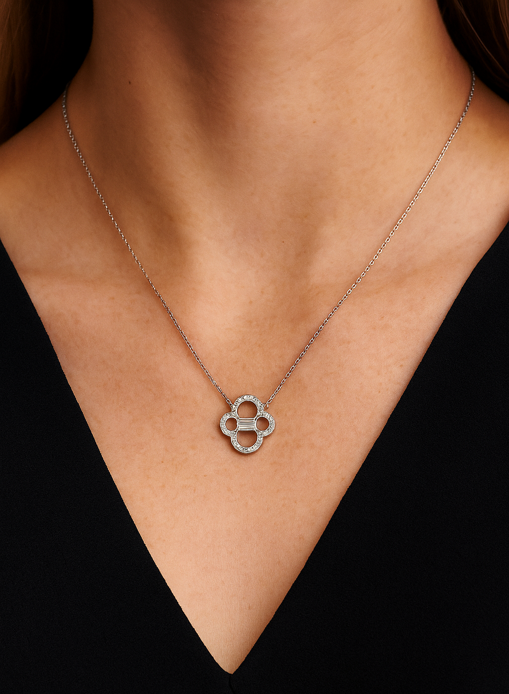 Clover Emerald Cut Lab-grown Diamond Pendant In neck
