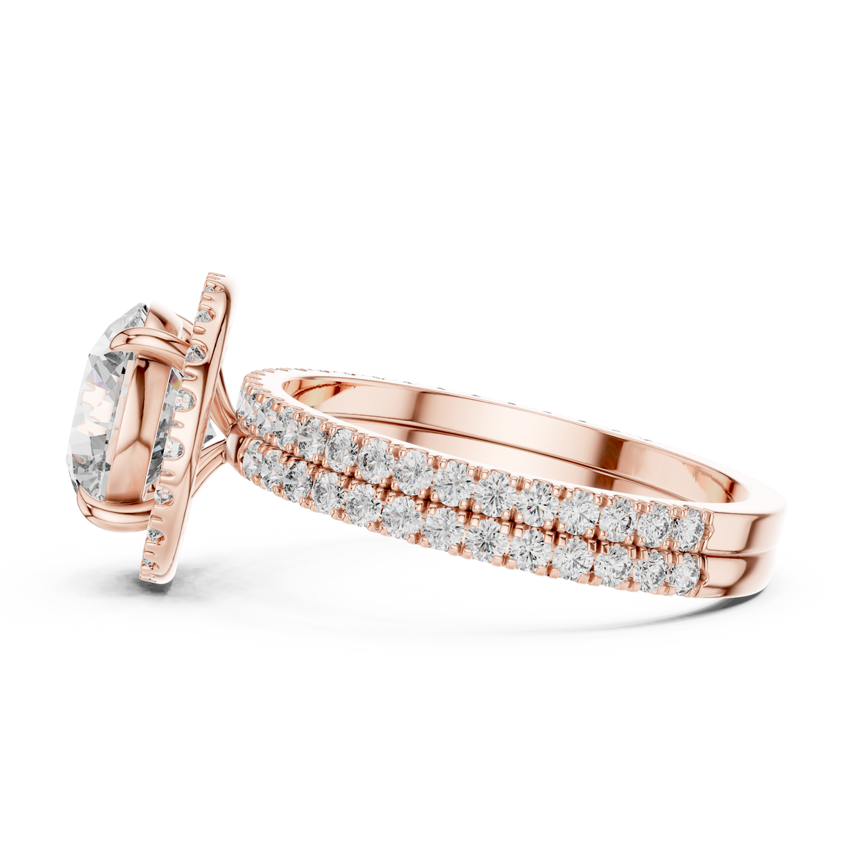 Round Lab Grown Diamond Double Pavé Halo Ring, Rose Gold