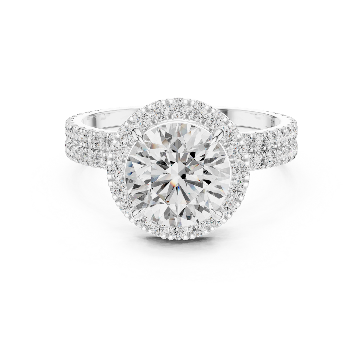 Round Lab Grown Diamond Double Pavé Halo Ring, White Gold