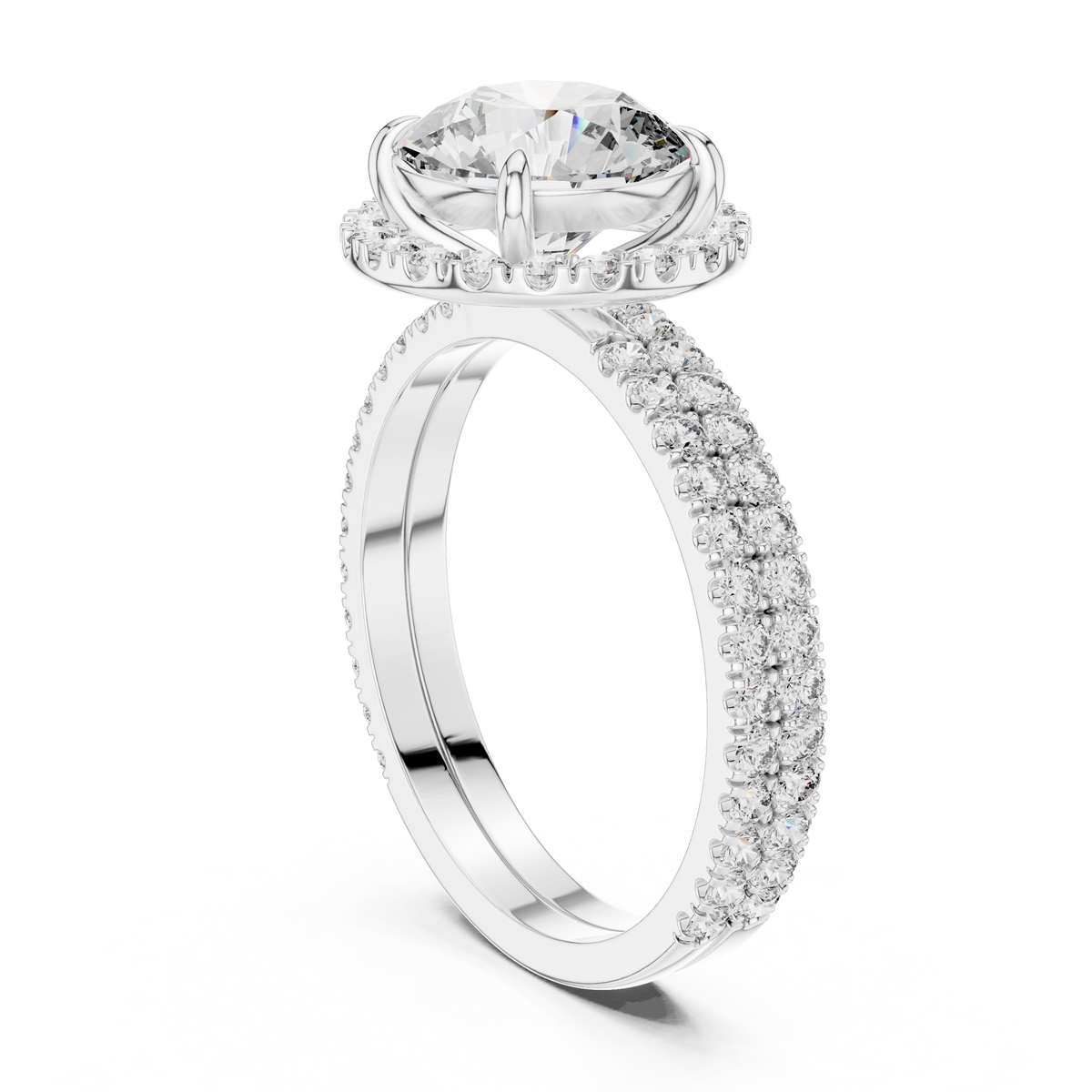 Round Lab Grown Diamond Double Pavé Halo Ring, White Gold