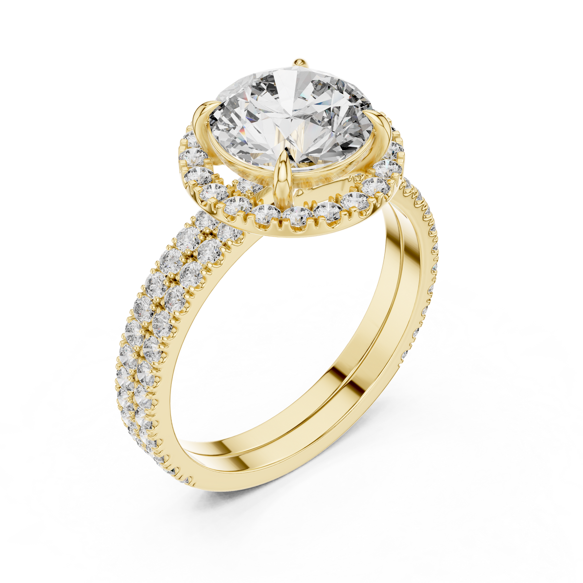 Round Lab Grown Diamond Double Pavé Halo Ring, Yellow Gold
