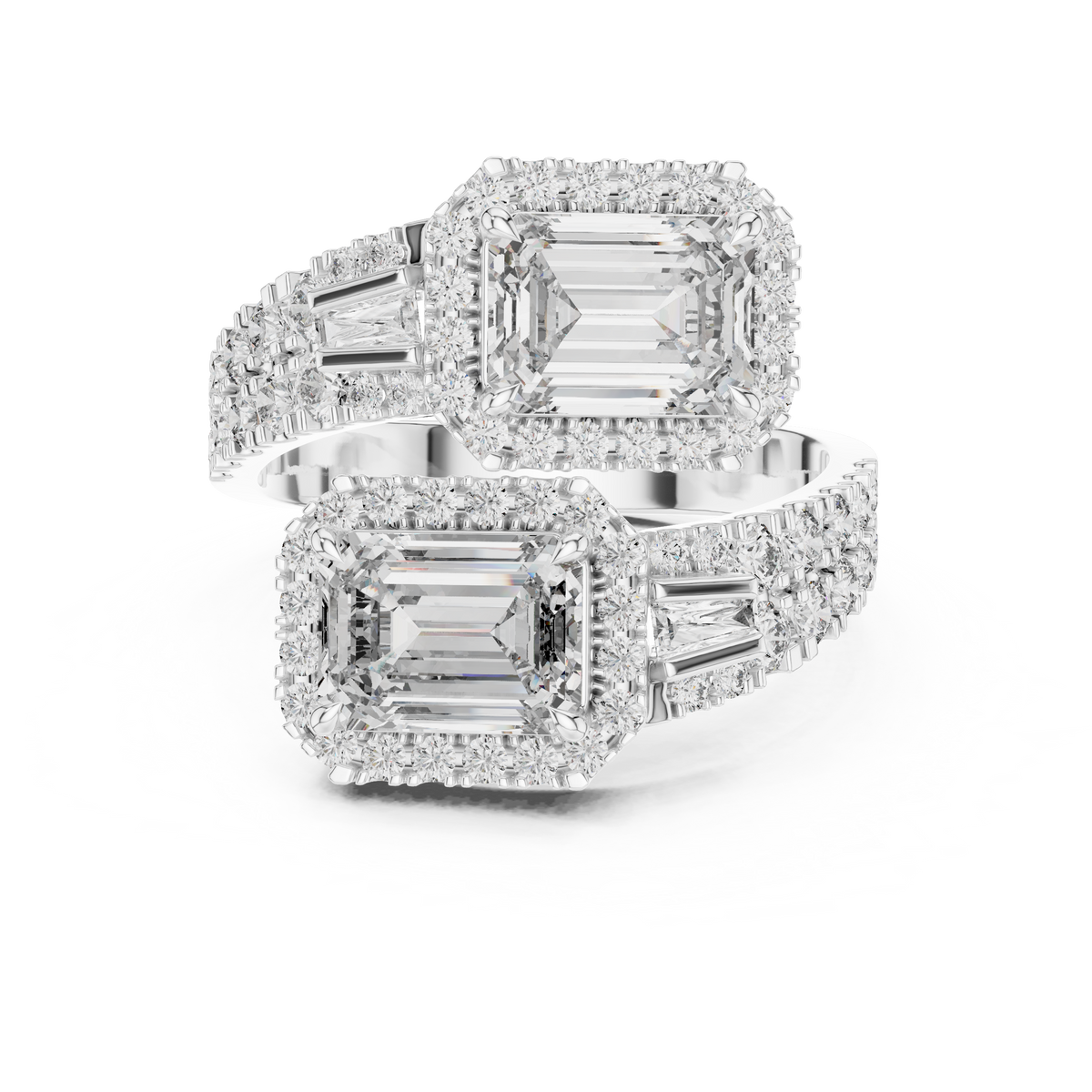 IGI Certified Dual Emerald Cut Lab Grown Diamond Halo Bridal Ring, White Gold