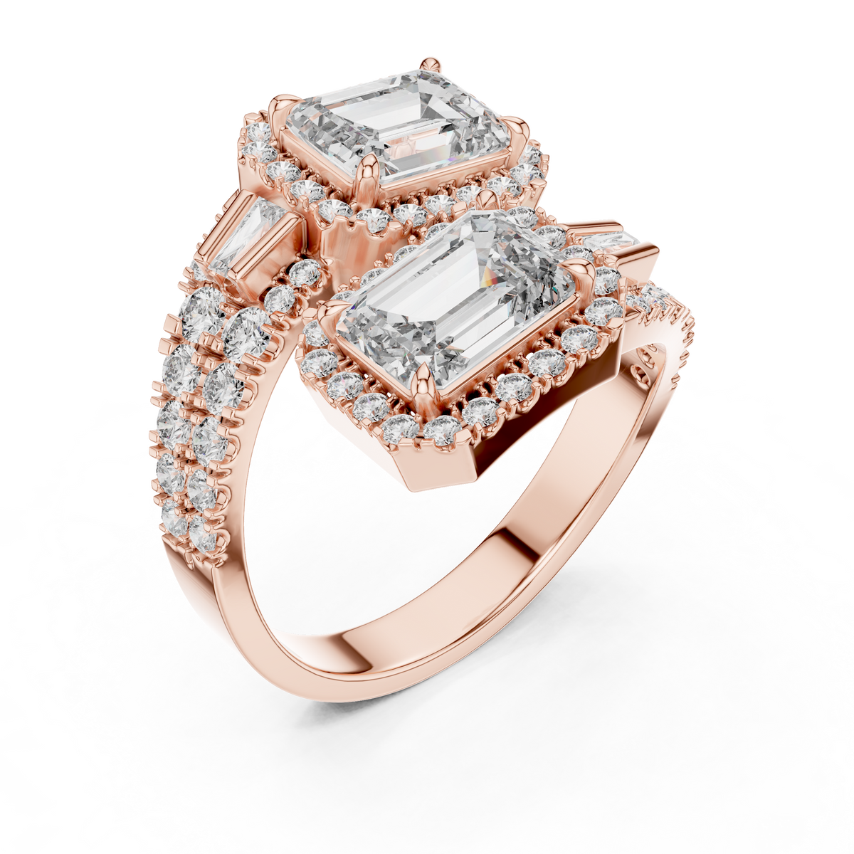 IGI Certified Dual Emerald Cut Lab Grown Diamond Halo Bridal Ring, Rose Gold