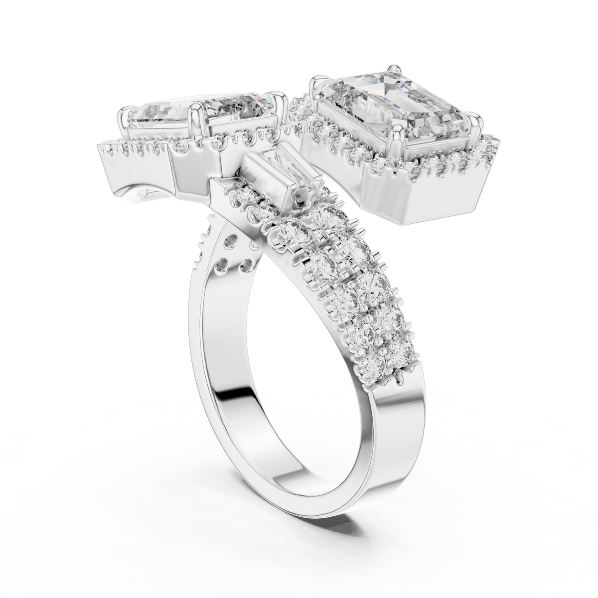 IGI Certified Dual Emerald Cut Lab Grown Diamond Halo Bridal Ring, White Gold