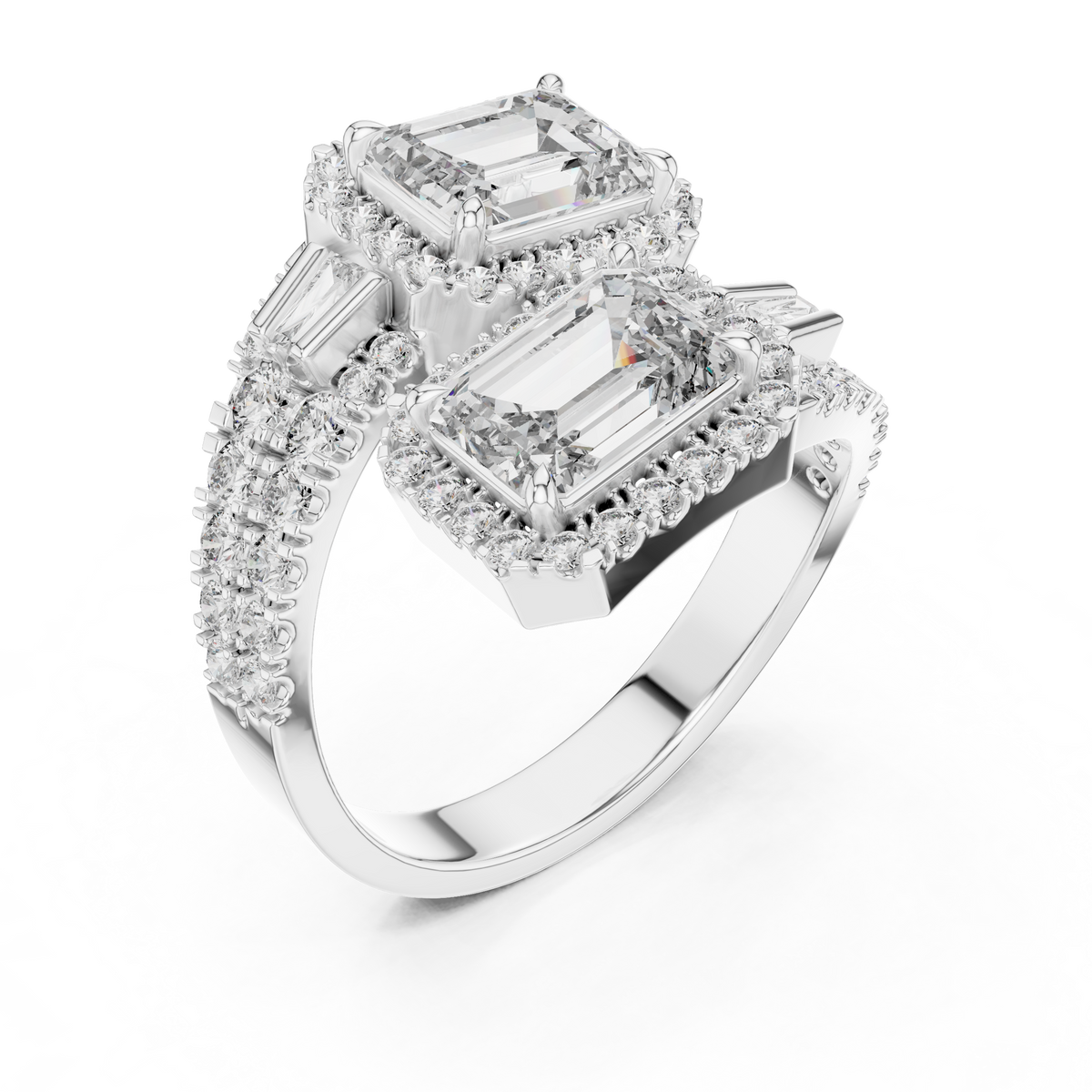 IGI Certified Dual Emerald Cut Lab Grown Diamond Halo Bridal Ring, White Gold