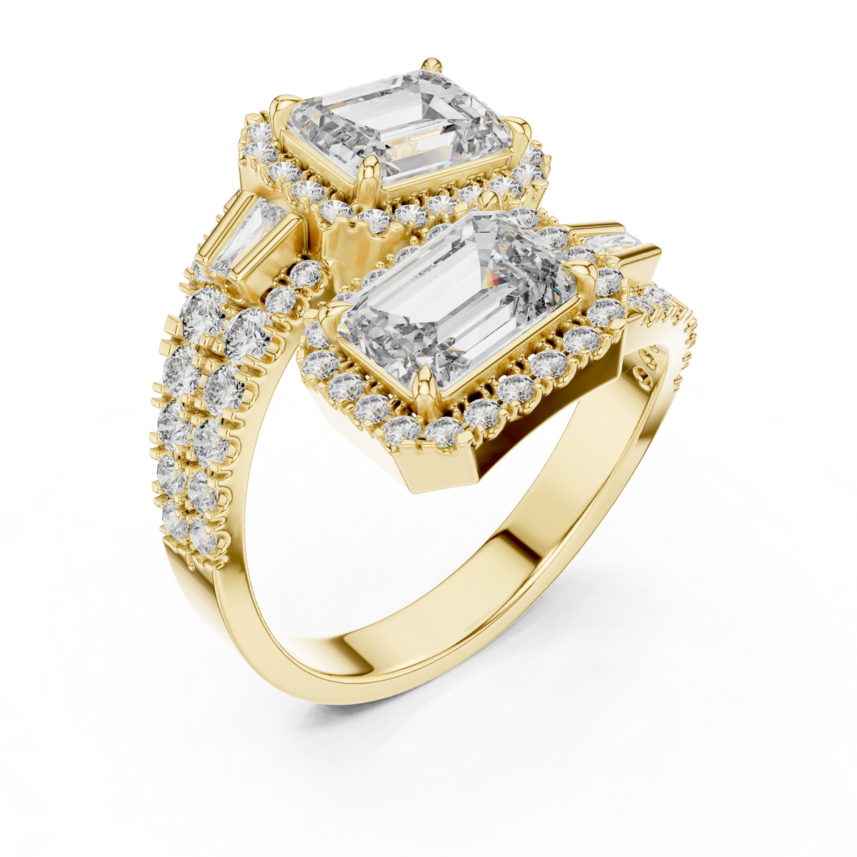 IGI Certified Dual Emerald Cut Lab Grown Diamond Halo Bridal Ring, Yellow Gold