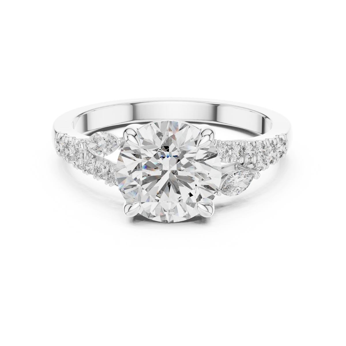 Round Brilliant Lab Grown Diamond Proposal Ring with Marquise Accents, White Gold