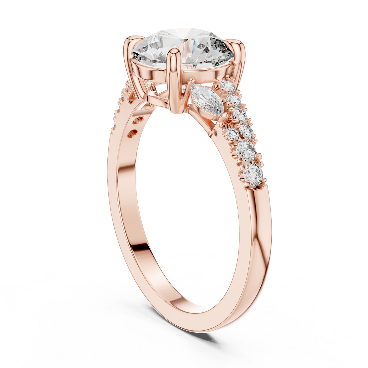 Round Brilliant Lab Grown Diamond Proposal Ring with Marquise Accents, Rose Gold