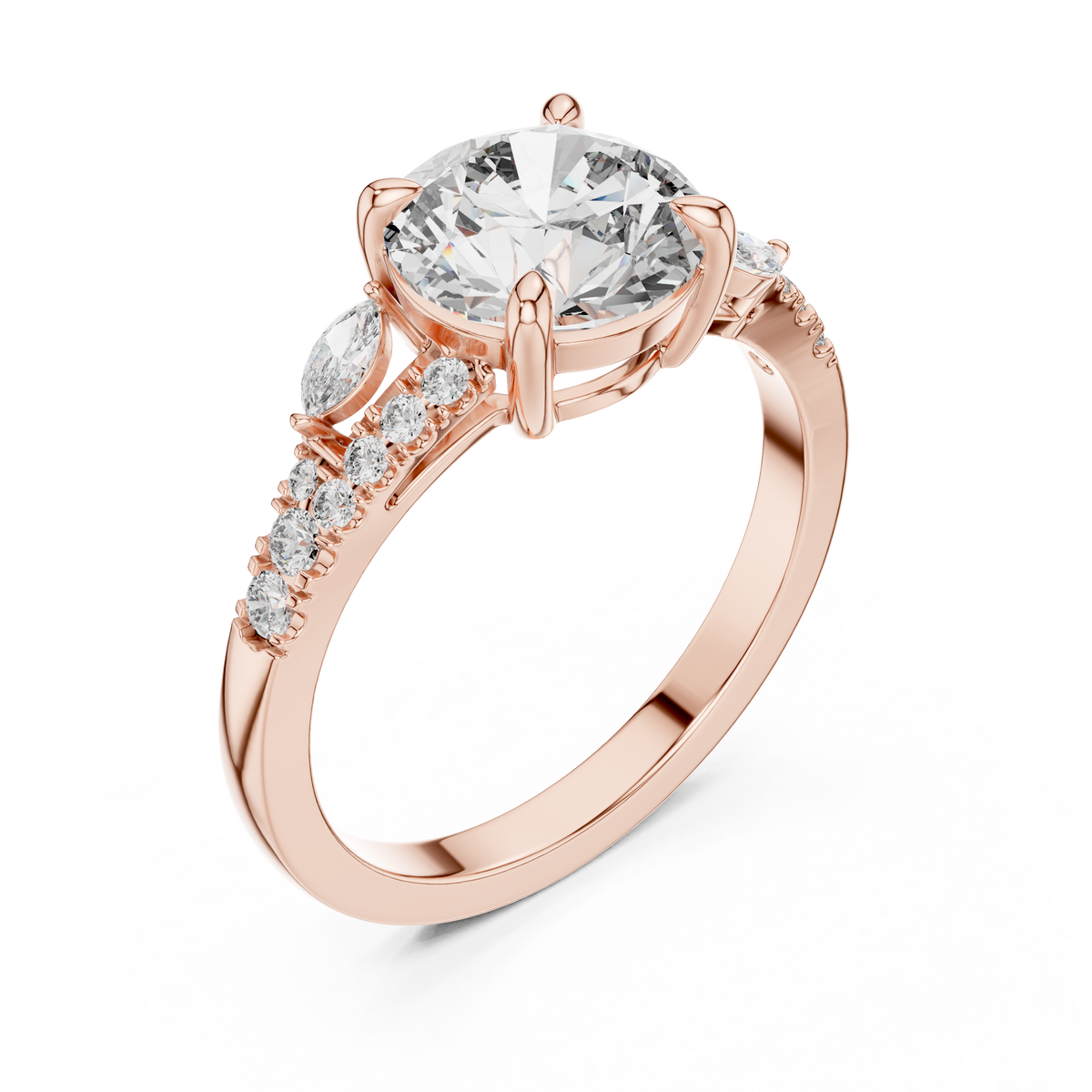 Round Brilliant Lab Grown Diamond Proposal Ring with Marquise Accents, Rose Gold
