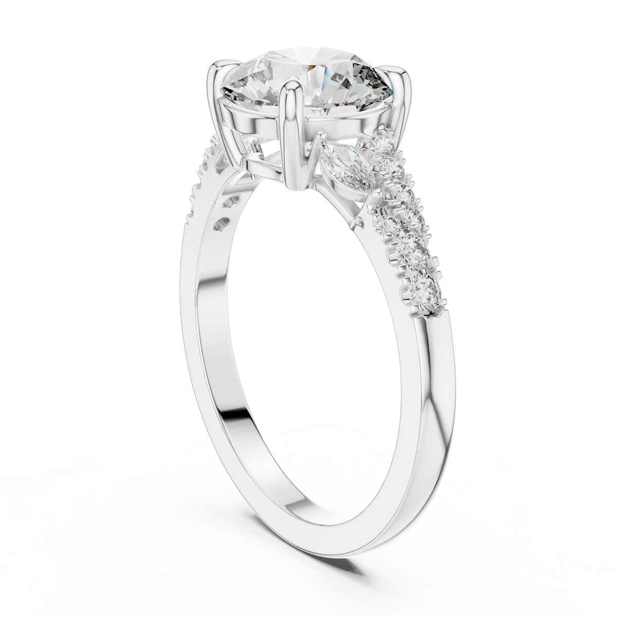 Round Brilliant Lab Grown Diamond Proposal Ring with Marquise Accents, White Gold