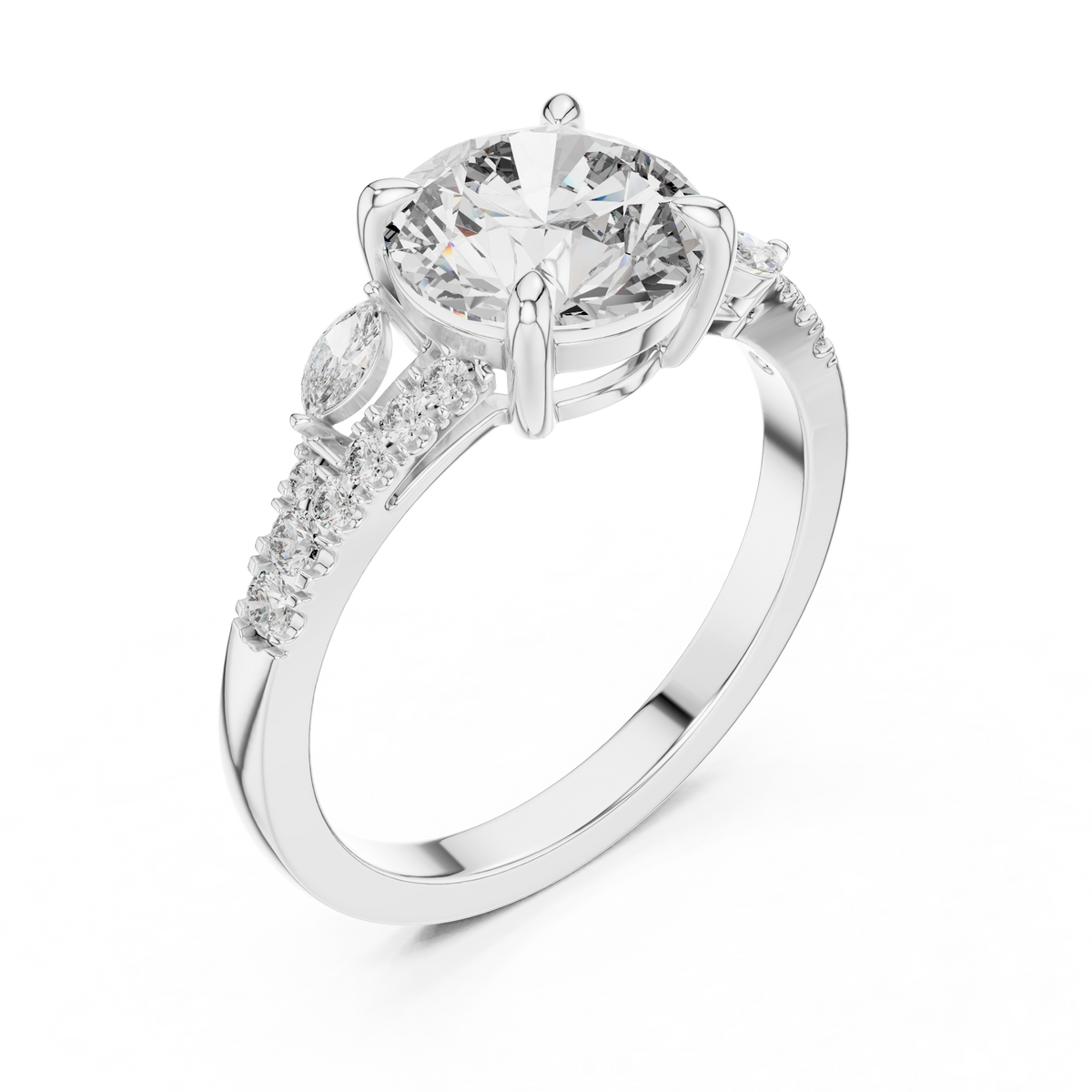 Round Brilliant Lab Grown Diamond Proposal Ring with Marquise Accents, White Gold
