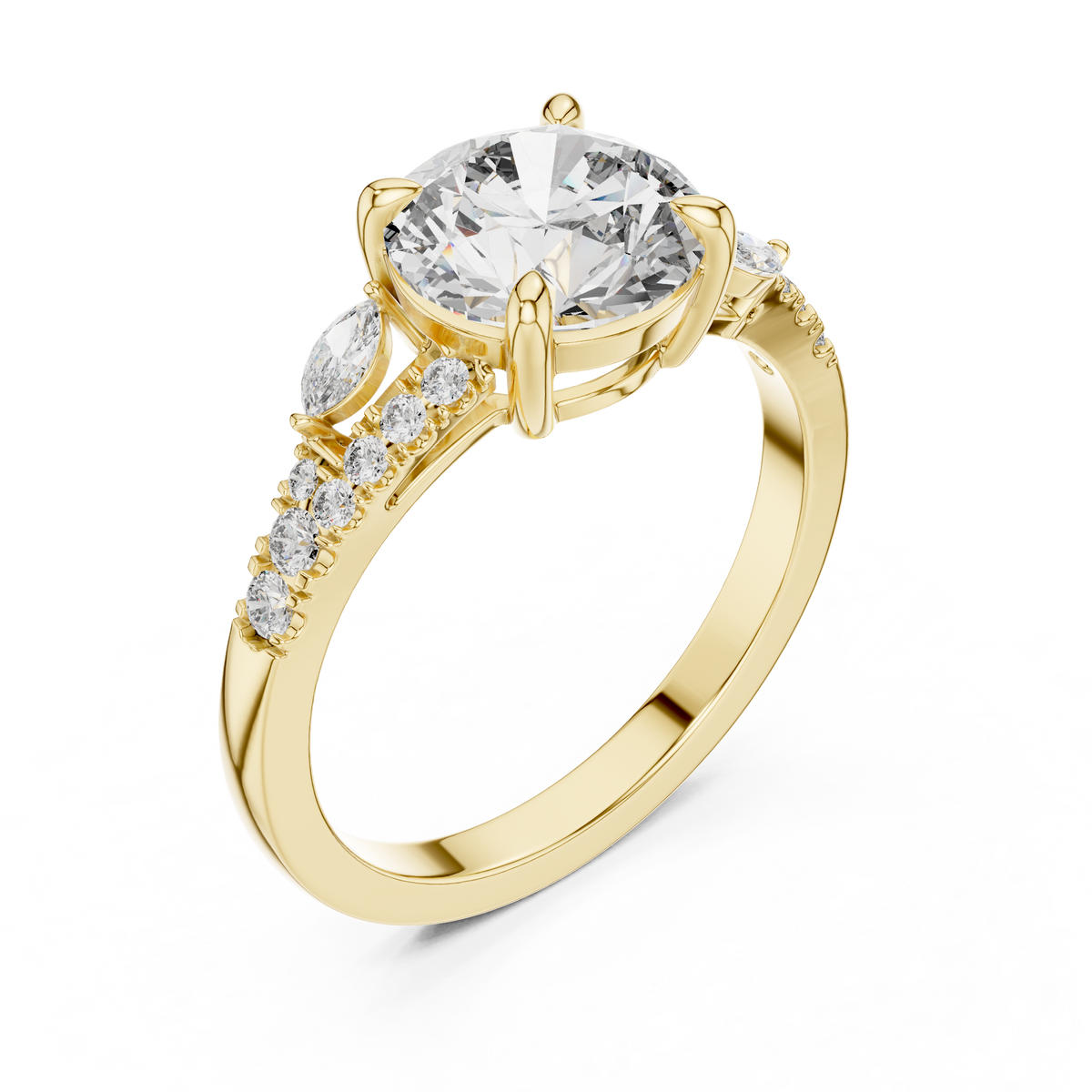 Round Brilliant Lab Grown Diamond Proposal Ring with Marquise Accents, Yellow Gold