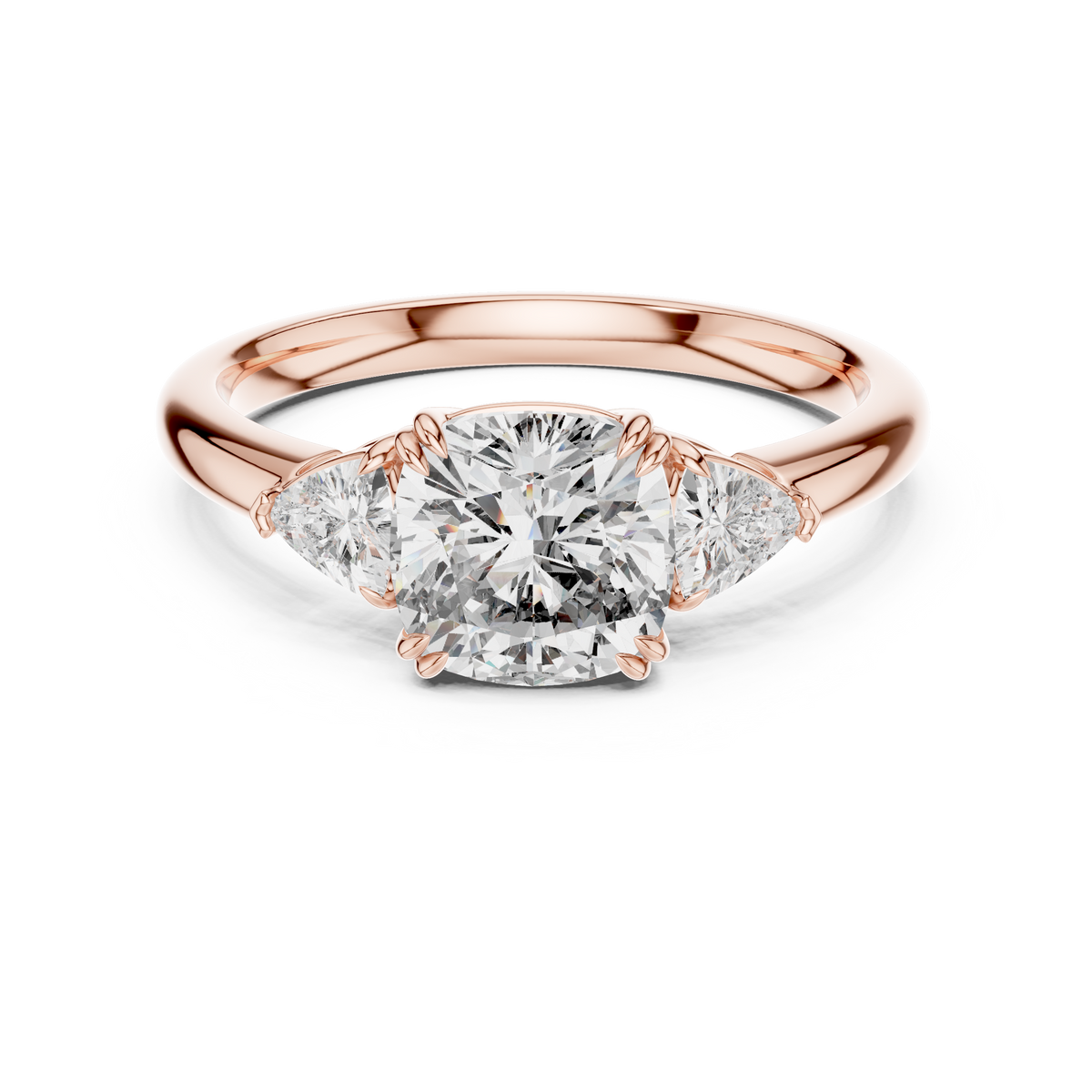 Cushion Cut Lab Grown Diamond Ring with Trillion Side Stones, Rose Gold
