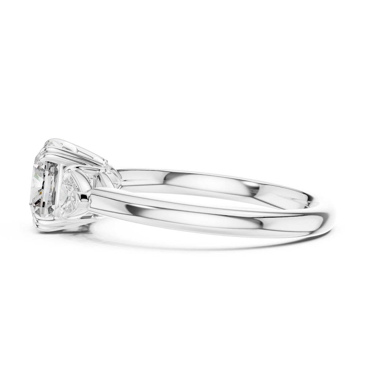 Cushion Cut Lab Grown Diamond Ring with Trillion Side Stones, White Gold