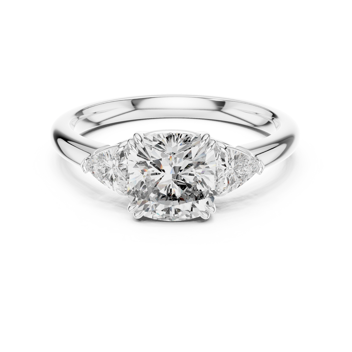 Cushion Cut Lab Grown Diamond Ring with Trillion Side Stones, White Gold