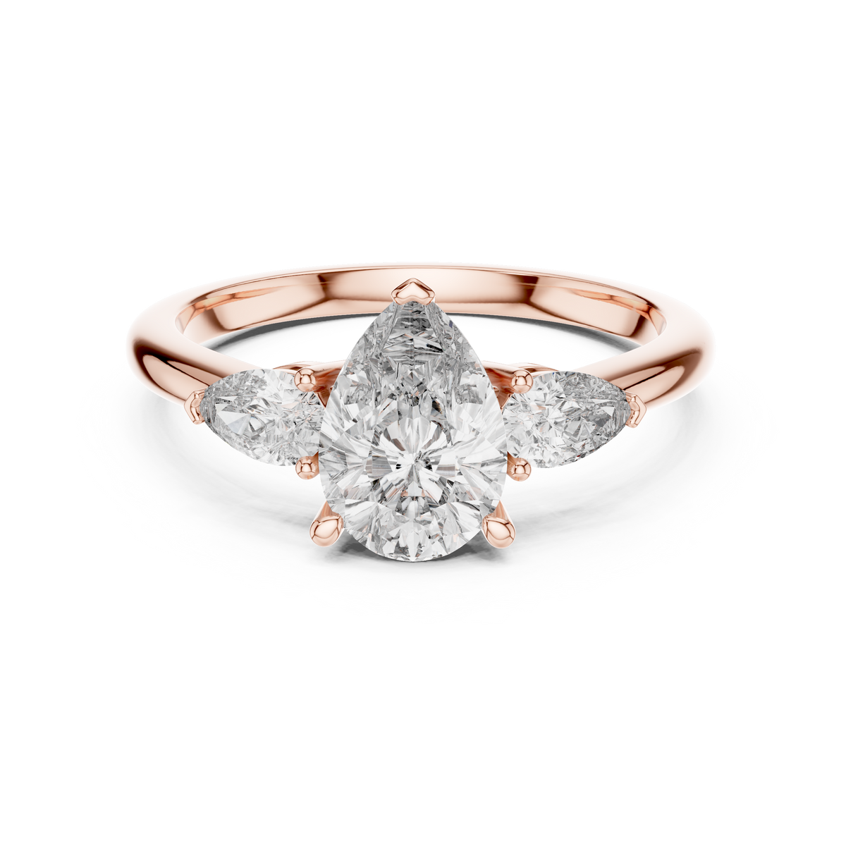 Pear Cut Lab Grown Diamond Ring with Pear Side Stones, Rose Gold