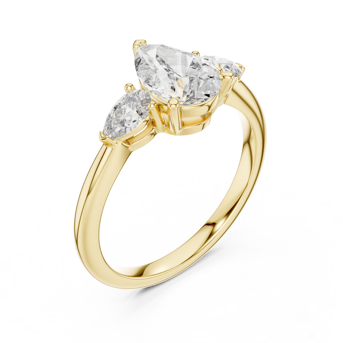 Pear Cut Lab Grown Diamond Ring with Pear Side Stones, Yellow Gold