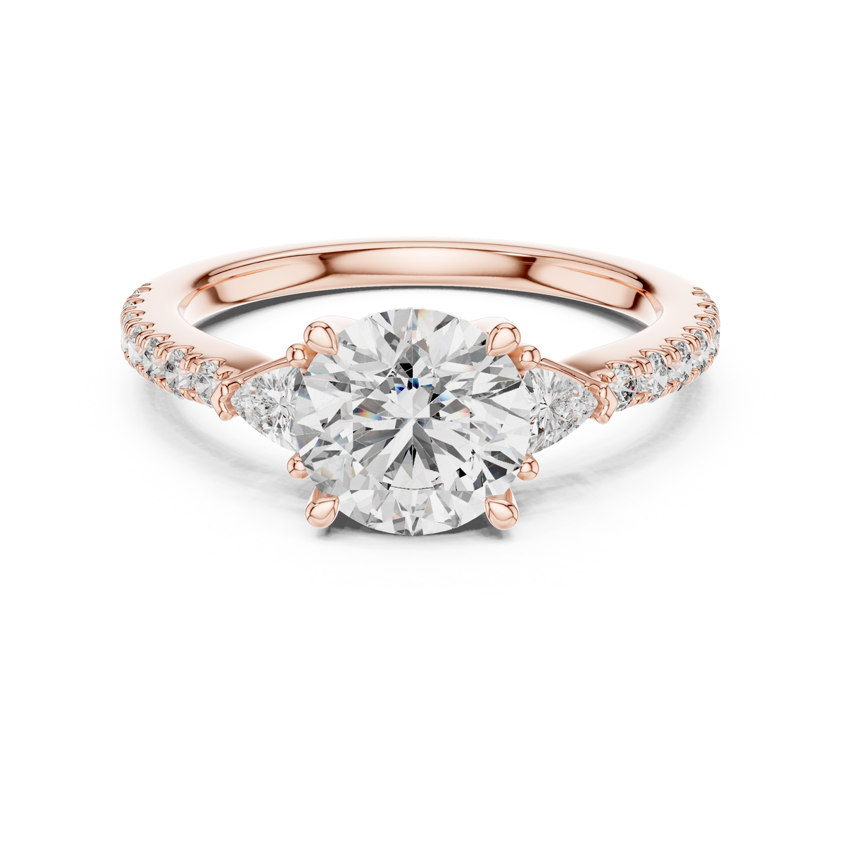 Round Lab Grown Diamond Ring with Trillion Side Stones, Rose Gold