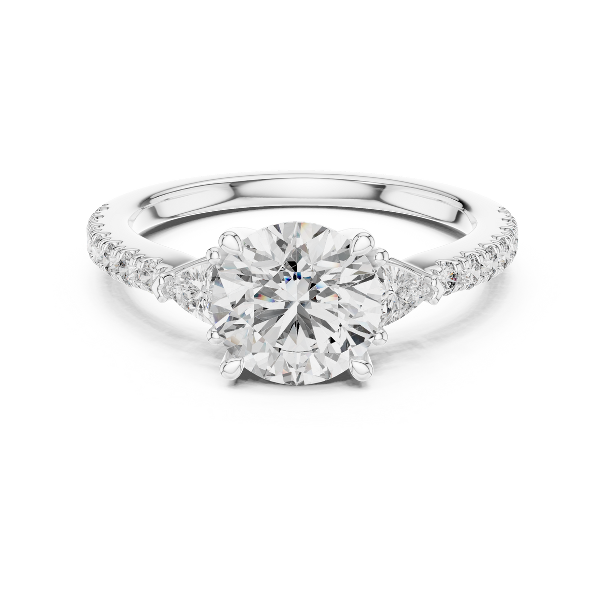 Round Lab Grown Diamond Ring with Trillion Side Stones, White Gold