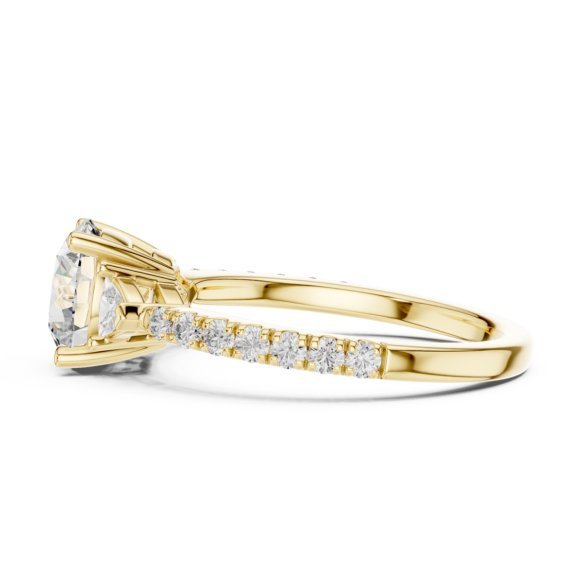 Round Lab Grown Diamond Ring with Trillion Side Stones, Yellow Gold