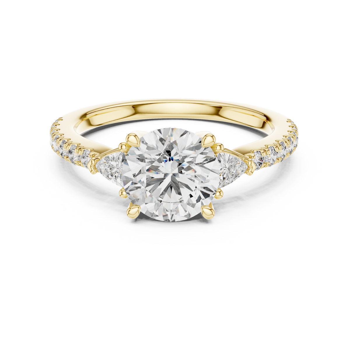 Round Lab Grown Diamond Ring with Trillion Side Stones, Yellow Gold