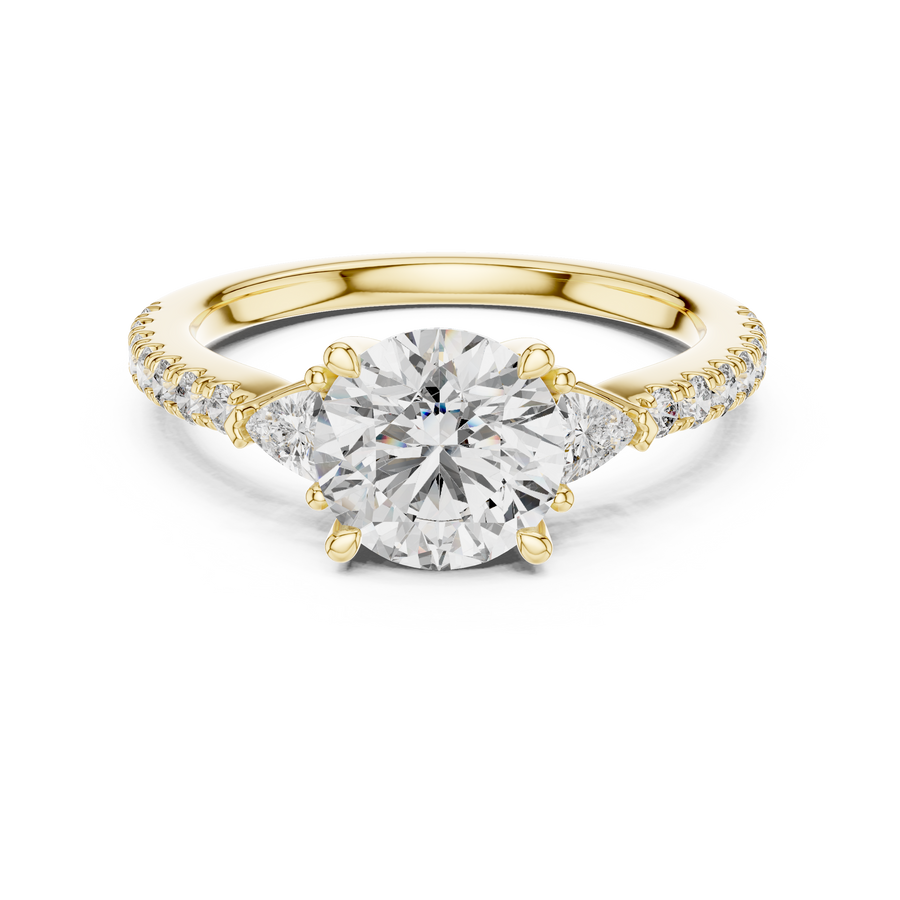 Round Lab Grown Diamond Ring with Trillion Side Stones, Yellow Gold