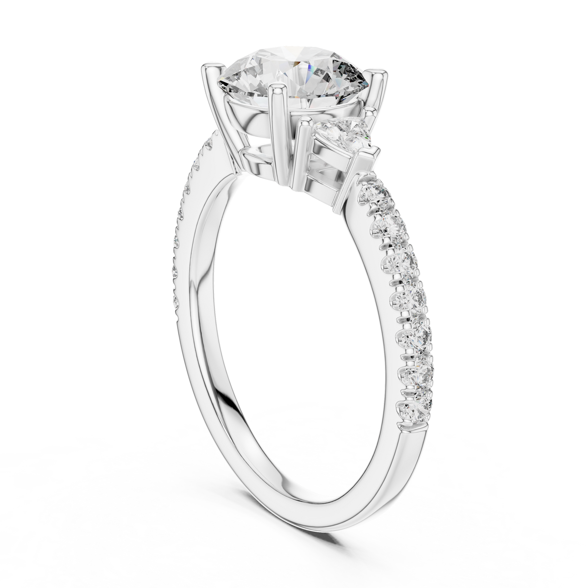 Round Lab Grown Diamond Ring with Trillion Side Stones, White Gold